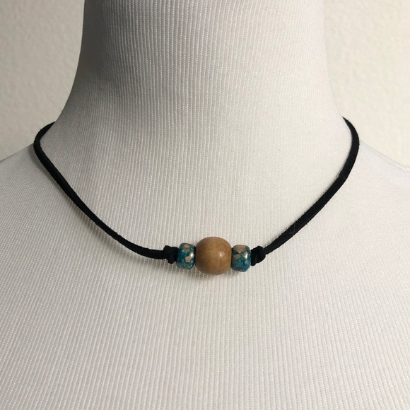 NWOT Minimalist necklace - wood and blue ceramic bead necklace - unisex - Picture 4 of 4